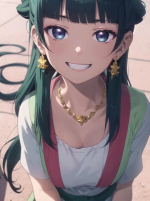 maomao,Dark green hair,blue eyes,hair ornament, hair bun, Earrings,Earrings,Gold necklace, Red eye shadow, grin smile, ((extremely realistic shading, masterpiece, extremely detailed, photorealistic)), upper body shot, shoot from above, (looking at  viewer:1.5), (pointing:1.5)