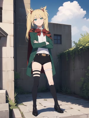 ((best quality)),((highly detailed)),masterpiece,absurdres,detailed face,beautiful face,(detailed eyes, deep eyes),1girl,((dynamic pose)), , Ninny, blonde hair, thighhighs, solo, crossed arms, twintails, outdoors, day, sky, long hair, striped, frown, thigh strap, jacket, cloud, shorts, shirt, blue sky, bow, cape, white shirt, school uniform, bowtie, red bow, standing, short shorts, green jacket, black shorts, hair ornament, belt, sanpaku, closed mouth, long sleeves, looking at viewer, ribbon, two side up
