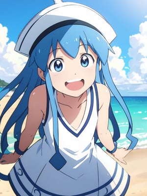 masterpiece, best quality, 1girl, beach, blue eyes, blue hair, dress, ikamusume, long hair, tentacle hair, laughing,  looking at viewer, ika,best quality,ika