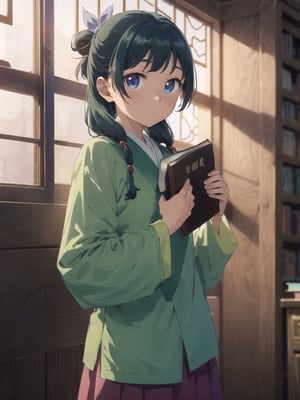 Maomao, indoors,Wood windows, Chinese architecture, (left arm bandage:1.2), blunt bangs, green hair, long hair, blue eyes, solo, gonvgreen, sidelocks, twin braids, hair over shoulder, hair beads, half updo, single hair bun, hair ribbon, blue ribbon, freckles, hanfu, green japanese clothes, long sleeves, wide sleeves, purple skirt, long skirt, (Holding a book:1.5), star eyes, looking at viewer