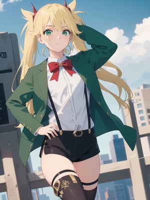 1girl, soro, ninnyspangcole, , ninny spangcole, long hair, blonde hair, (green eyes:1.5), twintails, two side up, shirt, thighhighs, long sleeves, bow, jacket, white shirt, shorts, bowtie, red bow, thigh strap, capelet, black shorts, suspenders, green jacket, suspender shorts, outdoors, city, sun, sky, clouds, looking at viewer, (cowboy shot:1.5), (masterpiece:1.2), best quality, high resolution, unity 8k wallpaper, (illustration:0.8), (beautiful detailed eyes:1.6), extremely detailed face, perfect lighting, extremely detailed CG, (perfect hands, perfect anatomy),ninny spangcole,maomao,Ninny