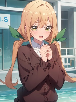 karaneinda, blonde hair, (yellow eyes:1.5), hair ribbon, twintails, low twintails, long hair, (green ribbon:1.2), open mouth, skirt, school uniform, white shirt, pleated skirt, collar, black skirt, brown cardigan, long sleeves, looking at viewer, (watery eyes:1.5), full-face blush, (upper body:1.5), sky, outdoors, day, building, best quality, high resolution, unity 8k wallpaper, (beautiful detailed eyes:1.6), extremely detailed face, perfect lighting, extremely detailed CG, (perfect hands, perfect anatomy),pikkykarane