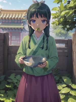 Maomao, east asian architecture, blunt bangs, green hair, long hair, blue eyes, solo, gonvgreen, sidelocks, twin braids, hair over shoulder, hair beads, half updo, single hair bun, hair ribbon, blue ribbon, freckles, hanfu, green japanese clothes, long sleeves, wide sleeves, purple skirt, long skirt, shoes, outdoor, (have a colander:1.5), (leaf hold in mouth:1.5), looking at viewer