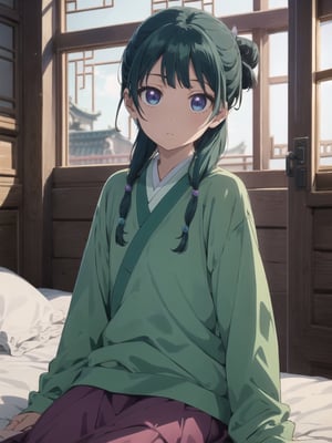 Maomao, indoors,Wood windows, Chinese architecture, left arm bandage, blunt bangs, green hair, long hair, blue eyes, solo, gonvgreen, sidelocks, twin braids, hair over shoulder, hair beads, half updo, single hair bun, hair ribbon, blue ribbon, freckles, hanfu, green japanese clothes, long sleeves, wide sleeves, purple skirt, long skirt, bed sitting, tired, star eyes, looking at viewer,