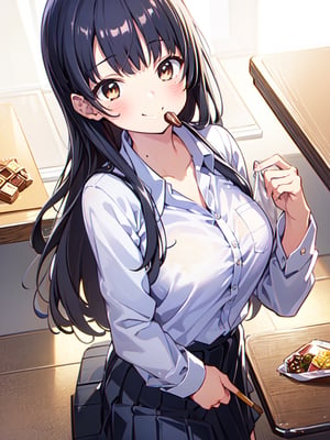 (masterpiece:1.2),best quality,PIXIV,Anna yamada,1girl,solo,skirt,shirt,breasts,long hair,looking at viewer,white shirt,white background,smile,mole,collared shirt,large breasts,simple background,chocolate,food,blush,black hair,black skirt,bag,pleated skirt,food on face,closed mouth,bangs,school uniform,holding,brown eyes,shirt tucked in,long sleeves,mole on neck,eating,holding food,shoulder bag,collarbone,dress shirt,cowboy shot,candy,,
