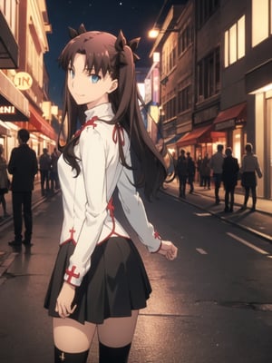 Top Quality, (Masterpiece: 1.2), High Definition, Around Town, Street Scene, Night, Rin Tohsaka, 1girl, Solo, Standing, from side, (cross arms in back:1.5), Looking at Her, Smiling, Long Hair, Two Side Up, Brown Hair, Blue Eyes, Hair Ribbon, Red Turtleneck, Long Sleeves, Pleated skirt, black skirt, kneehighs,tohsaka rin