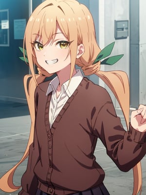 karaneinda, blonde hair, (yellow eyes:1.5), hair ribbon, twintails, low twintails, long hair, (green ribbon:1.2), open mouth, skirt, school uniform, white shirt, pleated skirt, collar, black skirt, brown cardigan, long sleeves, looking at viewer, (grin smile:1.5), (upper body:1.5), sky, outdoors, day, building, best quality, high resolution, unity 8k wallpaper, (beautiful detailed eyes:1.6), extremely detailed face, perfect lighting, extremely detailed CG, (perfect hands, perfect anatomy)