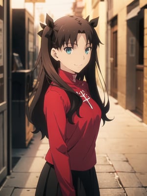 Top Quality, (Masterpiece: 1.2), High Definition, Around Town, Street Scene, Night, Rin Tohsaka, 1girl, Solo, Standing, from side, arms behind back, Looking at Her, Smiling, Long Hair, Two Side Up, Brown Hair, Blue Eyes, Hair Ribbon, Red Turtleneck, Long Sleeves, Pleated skirt, black skirt, kneehighs,tohsaka rin