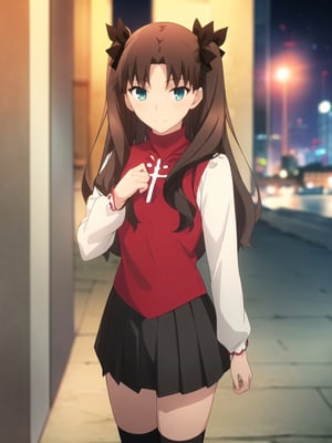 best quality, (masterpiece:1.2), highly detailed,city, cityscape, night,, tohsaka rin,1girl, solo, standing, looking at the viewer, smile, closed mouth, slight blush,long hair, two side up, brown hair, blue eyes, hair ribbon,red turtleneck, long sleeves, pleated skirt, black skirt, black thighhighs
