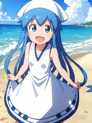 masterpiece, best quality, 1girl, beach, blue eyes, blue hair, dress, ikamusume, long hair, tentacle hair, laughing,  looking at viewer, ika,best quality,ika