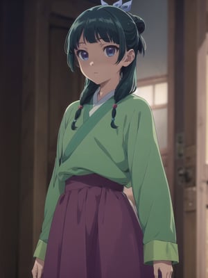 cowboy shot,hand on hip,,maomao,1girl,blunt bangs,green hair,long hair,blue eyes,solo,gonvgreen,sidelocks,twin braids,hair over shoulder,hair beads,half updo,single hair bun,hair ribbon,blue ribbon,freckles,hanfu,green japanese clothes,long sleeves,wide sleeves,purple skirt,long skirt,shoes, Exquisite visuals, high-definition,masterpiece,best quality,, 18yo,Young female,Beautiful Fingers,Beautiful long legs,Beautiful body,Beautiful Nose,Beautiful character design, perfect eyes, perfect face,expressive eyes, official art,extremely detailed CG unity 8k wallpaper, perfect lighting,Colorful, Bright_Front_face_Lighting,shiny skin, (masterpiece:1.0),(best_quality:1.0), ultra high res,4K,ultra-detailed, photography, 8K, HDR, highres, absurdres:1.2, Kodak portra 400, film grain, blurry background, bokeh:1.2, lens flare, (vibrant_color:1.2), (beautiful_face:1.5),(narrow_waist), ,NSFW