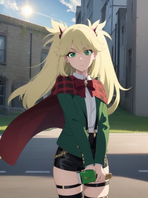 1girl, soro, ninnyspangcole, , ninny spangcole, long hair, blonde hair, (green eyes:1.5), twintails, two side up, shirt, thighhighs, long sleeves, bow, jacket, white shirt, shorts, bowtie, red bow, thigh strap, capelet, black shorts, suspenders, green jacket, suspender shorts, outdoors, city, sun, sky, clouds, looking at viewer, (cowboy shot:1.5), (masterpiece:1.2), best quality, high resolution, unity 8k wallpaper, (illustration:0.8), (beautiful detailed eyes:1.6), extremely detailed face, perfect lighting, extremely detailed CG, (perfect hands, perfect anatomy),ninny spangcole