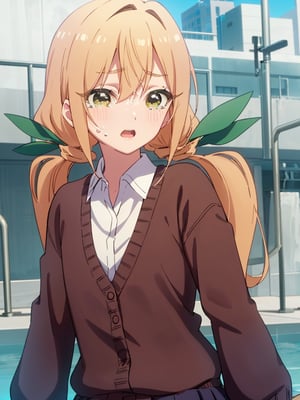 karaneinda, blonde hair, (yellow eyes:1.5), hair ribbon, twintails, low twintails, long hair, (green ribbon:1.2), open mouth, skirt, school uniform, white shirt, pleated skirt, collar, black skirt, brown cardigan, long sleeves, looking at viewer, (watery eyes:1.5), (upper body:1.5), sky, outdoors, day, building, best quality, high resolution, unity 8k wallpaper, (beautiful detailed eyes:1.6), extremely detailed face, perfect lighting, extremely detailed CG, (perfect hands, perfect anatomy),pikkykarane