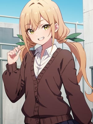 karaneinda, blonde hair, (yellow eyes:1.5), hair ribbon, twintails, low twintails, long hair, (green ribbon:1.2), open mouth, skirt, school uniform, white shirt, pleated skirt, collar, black skirt, brown cardigan, long sleeves, looking at viewer, (grin smile:1.2), (upper body:1.5), sky, outdoors, day, building, best quality, high resolution, unity 8k wallpaper, (beautiful detailed eyes:1.6), extremely detailed face, perfect lighting, extremely detailed CG, (perfect hands, perfect anatomy)