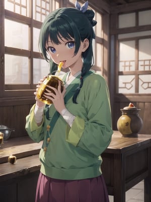 Maomao, indoors,Wood windows, Chinese architecture, (left arm bandage:1.2), blunt bangs, green hair, long hair, blue eyes, solo, gonvgreen, sidelocks, twin braids, hair over shoulder, hair beads, half updo, single hair bun, hair ribbon, blue ribbon, freckles, hanfu, green japanese clothes, long sleeves, wide sleeves, purple skirt, long skirt, (licking honey:1.5), (Holding a honey pot:1.5), star eyes, looking at viewer