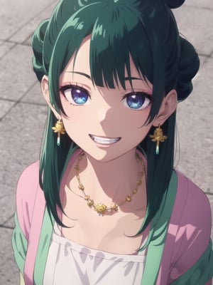 maomao,Dark green hair,blue eyes,hair ornament, hair bun, Earrings,Earrings,Gold necklace, Red eye shadow, grin smile, ((extremely realistic shading, masterpiece, extremely detailed, photorealistic)), upper body shot, shoot from above, (looking at  viewer:1.5)