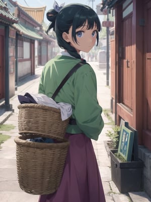 Maomao, east asian architecture, blunt bangs, green hair, long hair, blue eyes, solo, gonvgreen, sidelocks, twin braids, hair over shoulder, hair beads, half updo, single hair bun, hair ribbon, blue ribbon, freckles, hanfu, green japanese clothes, long sleeves, wide sleeves, purple skirt, long skirt, shoes, outdoor, (carrying a basket on his back:1.2), looking at viewer