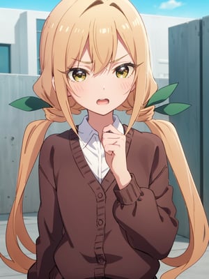 karaneinda, blonde hair, (yellow eyes:1.5), hair ribbon, twintails, low twintails, long hair, (green ribbon:1.2), open mouth, skirt, school uniform, white shirt, pleated skirt, collar, black skirt, brown cardigan, long sleeves, looking at viewer, (determined face:1.2), (upper body:1.5), sky, outdoors, day, building, best quality, high resolution, unity 8k wallpaper, (beautiful detailed eyes:1.6), extremely detailed face, perfect lighting, extremely detailed CG, (perfect hands, perfect anatomy)