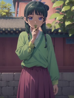 Maomao, east asian architecture, blunt bangs, green hair, long hair, blue eyes, solo, gonvgreen, sidelocks, twin braids, hair over shoulder, hair beads, half updo, single hair bun, hair ribbon, blue ribbon, freckles, hanfu, green japanese clothes, long sleeves, wide sleeves, purple skirt, long skirt, shoes, outdoor, (leaf hold in mouth:1.5), looking at viewer