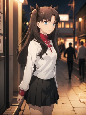 Top Quality, (Masterpiece: 1.2), High Definition, Around Town, Street Scene, Night, Rin Tohsaka, 1girl, Solo, Standing, from side, arms behind hip, Looking at Her, Smiling, Long Hair, Two Side Up, Brown Hair, Blue Eyes, Hair Ribbon, Red Turtleneck, Long Sleeves, Pleated skirt, black skirt, kneehighs,tohsaka rin