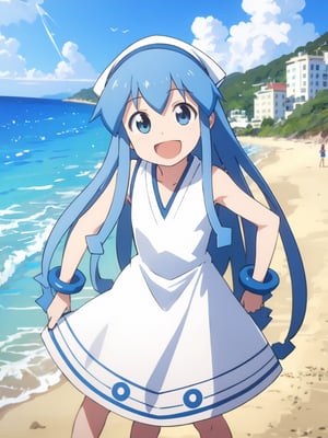 masterpiece, best quality, 1girl, beach, blue eyes, blue hair, dress, ikamusume, long hair, tentacle hair, laughing,  looking at viewer, ika,best quality,ika