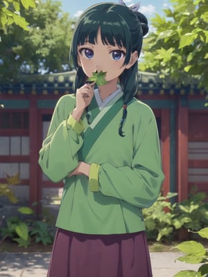 Maomao, east asian architecture, blunt bangs, green hair, long hair, blue eyes, solo, gonvgreen, sidelocks, twin braids, hair over shoulder, hair beads, half updo, single hair bun, hair ribbon, blue ribbon, freckles, hanfu, green japanese clothes, long sleeves, wide sleeves, purple skirt, long skirt, shoes, outdoor, have a colander, (leaf hold in mouth:1.5), looking at viewer