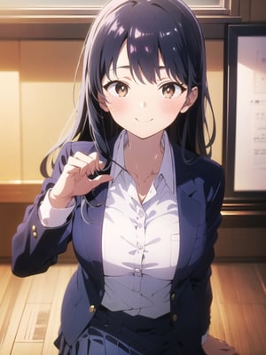 masterpiece, absurdres, ultra-detailed, Yamada Anna, 1girl, solo, long hair, blush, large breasts, black hair, long sleeves, brown eyes, school uniform, jacket, white shirt, pleated skirt, collared shirt, blue skirt, blazer, cardigan, blue jacket, (realistic:0.35), blush, smile, looking at viewer, breast pocket, , (heart-shaped hands:1.3),Anna yamada