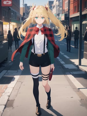 ((best quality)),((highly detailed)),masterpiece,absurdres,detailed face,beautiful face,(detailed eyes, deep eyes),1girl,((dynamic pose)), , Ninny, blonde hair, green eyes, twintails, shorts, jacket, long hair, suspender shorts, suspenders, thighhighs, shirt, looking to the side, white shirt, red bow, bow, standing, bowtie, black shorts, solo, solo focus, red bowtie, belt, capelet, hair ornament, short shorts, closed mouth, green jacket, bangs, walking, at night, (eyes looking away from the viewer:1.3, looking away from viewer:1.3), hands in pocket, nighttime, city streets, neon signs, crowd behind,, plaid, long sleeves, thigh strap, school uniform, looking away, cape, ribbon, frown, collared shirt, two side up, red capelet, open jacket
