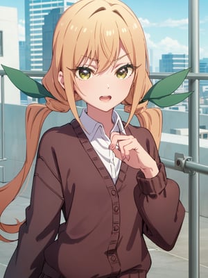 karaneinda, blonde hair, (yellow eyes:1.5), hair ribbon, twintails, low twintails, long hair, (green ribbon:1.2), open mouth, skirt, school uniform, white shirt, pleated skirt, collar, black skirt, brown cardigan, long sleeves, looking at viewer, smug face, (upper body:1.5), sky, outdoors, day, building, best quality, high resolution, unity 8k wallpaper, (beautiful detailed eyes:1.6), extremely detailed face, perfect lighting, extremely detailed CG, (perfect hands, perfect anatomy)