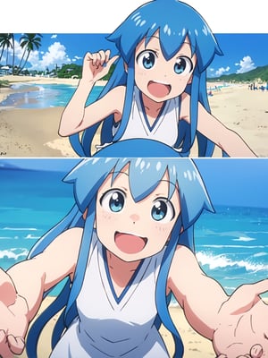 masterpiece, best quality, 1girl, beach, blue eyes, blue hair, dress, ikamusume, long hair, tentacle hair, laughing,  looking at viewer, ika,best quality