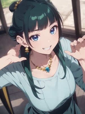 maomao,Dark green hair,blue eyes,hair ornament, hair bun, Earrings,Earrings,Gold necklace, Red eye shadow, grin smile,  (Raising one hand:1.5), ((extremely realistic shading, masterpiece, extremely detailed, photorealistic)), upper body shot, shoot from above, (looking at  viewer:1.5),