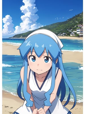 masterpiece, best quality, 1girl, beach, blue eyes, blue hair, dress, ikamusume, long hair, tentacle hair, ika