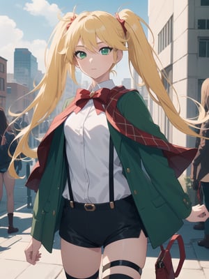 1girl, soro, ninnyspangcole, , ninny spangcole, long hair, blonde hair, (green eyes:1.5), twintails, two side up, shirt, thighhighs, long sleeves, bow, jacket, white shirt, shorts, bowtie, red bow, thigh strap, capelet, black shorts, suspenders, green jacket, suspender shorts, outdoors, city, sun, sky, clouds, looking at viewer, (cowboy shot:1.5), (masterpiece:1.2), best quality, high resolution, unity 8k wallpaper, (illustration:0.8), (beautiful detailed eyes:1.6), extremely detailed face, perfect lighting, extremely detailed CG, (perfect hands, perfect anatomy),ninny spangcole,maomao,Ninny