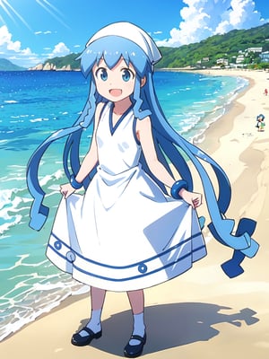 masterpiece, best quality, 1girl, beach, blue eyes, blue hair, dress, ikamusume, long hair, tentacle hair, laughing,  looking at viewer, ika,best quality