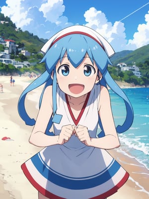 masterpiece, best quality, 1girl, beach, blue eyes, blue hair, dress, ikamusume, long hair, tentacle hair, laughing,  looking at viewer, ika,best quality,ika