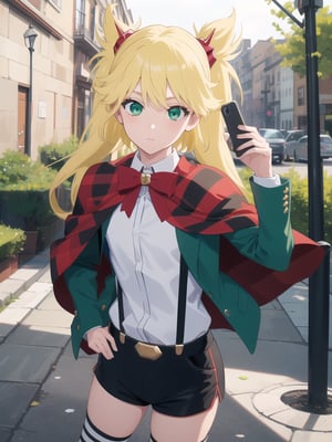((best quality)),((highly detailed)),masterpiece,absurdres,detailed face,beautiful face,(detailed eyes, deep eyes),1girl,((dynamic pose)), , Ninny, blonde hair, green eyes, thighhighs, suspenders, long hair, shorts, twintails, suspender shorts, bow, jacket, phone, bowtie, black shorts, short shorts, red bow, capelet, outdoors, school uniform, shirt, crossover, cellphone, striped, green jacket, solo, white shirt, red bowtie, looking at viewer, ribbon, cosplay, cape, hair ornament, holding, closed mouth, solo focus, smartphone, long sleeves, horns, day
