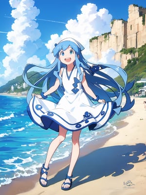 masterpiece, best quality, 1girl, beach, blue eyes, blue hair, dress, ikamusume, long hair, tentacle hair, laughing,  looking at viewer, ika,best quality,ika