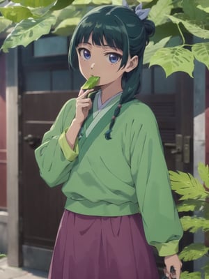 Maomao, east asian architecture, blunt bangs, green hair, long hair, blue eyes, solo, gonvgreen, sidelocks, twin braids, hair over shoulder, hair beads, half updo, single hair bun, hair ribbon, blue ribbon, freckles, hanfu, green japanese clothes, long sleeves, wide sleeves, purple skirt, long skirt, shoes, outdoor, have a colander, (leaf hold in mouth:1.5), looking at viewer