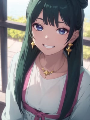 maomao,Dark green hair,blue eyes,hair ornament, hair bun, Earrings,Earrings,Gold necklace, Red eye shadow, grin smile, ((extremely realistic shading, masterpiece, extremely detailed, photorealistic)), upper body shot, shoot from above, (looking at  viewer:1.5), pointing