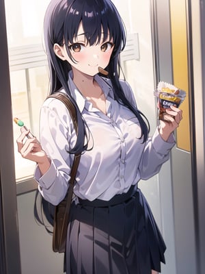 (masterpiece:1.2),best quality,PIXIV,Anna yamada,1girl,solo,skirt,shirt,breasts,long hair,looking at viewer,white shirt,white background,smile,mole,collared shirt,large breasts,simple background,chocolate,food,blush,black hair,black skirt,bag,pleated skirt,food on face,closed mouth,bangs,school uniform,holding,brown eyes,shirt tucked in,long sleeves,mole on neck,eating,holding food,shoulder bag,collarbone,dress shirt,cowboy shot,candy,,
