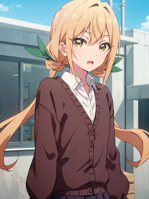 karaneinda, blonde hair, (yellow eyes:1.5), hair ribbon, twintails, low twintails, long hair, (green ribbon:1.2), open mouth, skirt, school uniform, white shirt, pleated skirt, collar, black skirt, brown cardigan, long sleeves, looking at viewer, determined, (upper body:1.5), sky, outdoors, day, building, best quality, high resolution, unity 8k wallpaper, (beautiful detailed eyes:1.6), extremely detailed face, perfect lighting, extremely detailed CG, (perfect hands, perfect anatomy)