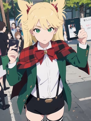 ((best quality)),((highly detailed)),masterpiece,absurdres,detailed face,beautiful face,(detailed eyes, deep eyes),1girl,((dynamic pose)), , Ninny, blonde hair, green eyes, thighhighs, suspenders, long hair, shorts, twintails, suspender shorts, bow, jacket, phone, bowtie, black shorts, short shorts, red bow, capelet, outdoors, school uniform, shirt, crossover, cellphone, striped, green jacket, solo, white shirt, red bowtie, looking at viewer, ribbon, cosplay, cape, hair ornament, holding, closed mouth, solo focus, smartphone, long sleeves, horns, day
