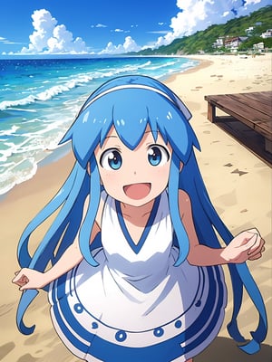 masterpiece, best quality, 1girl, beach, blue eyes, blue hair, dress, ikamusume, long hair, tentacle hair, laughing,  looking at viewer, ika,best quality