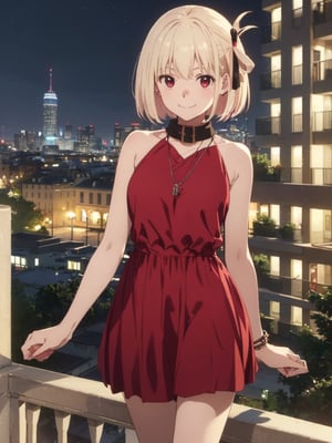 (masterpiece, best quality:1.4),,(1girl:1.3),(solo:1.3),(seductive_smile:1.2),standing,(arm_behind_head:1.2),looking at viewer,chdo,red dress,sleeveless dress,sleeveless,bare shoulders,official alternate costume,black collar,jewelry,necklace,pendant,ribbon,hair ribbon,black ribbon,modern,Europe,(balcony:1.2),night,night_sky,cityscape,
