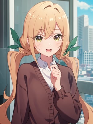 karaneinda, blonde hair, (yellow eyes:1.5), hair ribbon, twintails, low twintails, long hair, (green ribbon:1.2), open mouth, skirt, school uniform, white shirt, pleated skirt, collar, black skirt, brown cardigan, long sleeves, looking at viewer, teasing smile, (upper body:1.5), sky, outdoors, day, building, best quality, high resolution, unity 8k wallpaper, (beautiful detailed eyes:1.6), extremely detailed face, perfect lighting, extremely detailed CG, (perfect hands, perfect anatomy)
