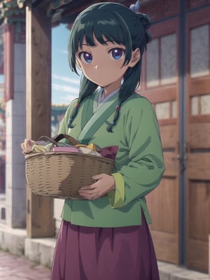 Maomao, east asian architecture, blunt bangs, green hair, long hair, blue eyes, solo, gonvgreen, sidelocks, twin braids, hair over shoulder, hair beads, half updo, single hair bun, hair ribbon, blue ribbon, freckles, hanfu, green japanese clothes, long sleeves, wide sleeves, purple skirt, long skirt, shoes, outdoor, (carrying a basket:1.5), looking at viewer