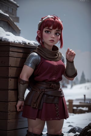 Nimona wearing viking clothes, snow, by gillermo del toro, ancient history, masterpiece, perfect outline, minute details