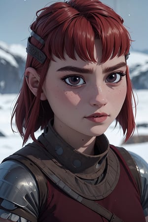 Nimona, young and detailed face,  wearing -((viking))- clothes, snow, by gillermo del toro, ancient history, masterpiece, perfect outline, minute details