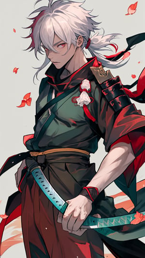 1man, samurai, long hair, ponytal, stand, taking katana, ling katana, petals_in_wind, sakura background, wind powers,SATORU GOJO