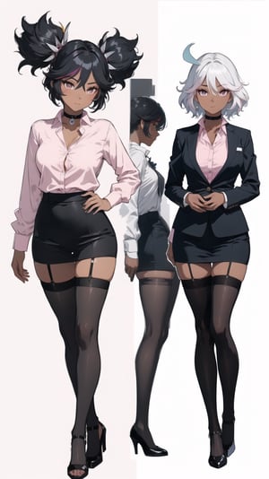 (masterpiece), best quality, high resolution, extremely detailed, detailed background,((plataform heels,)) 1girl,(((black stockings))),  ((office suit,))(((pink blouse)))  black hair, siting, cross legs,choker, makeup, ((white hair))  full body, wind,((black background)) ,furina,(((dark skin)))